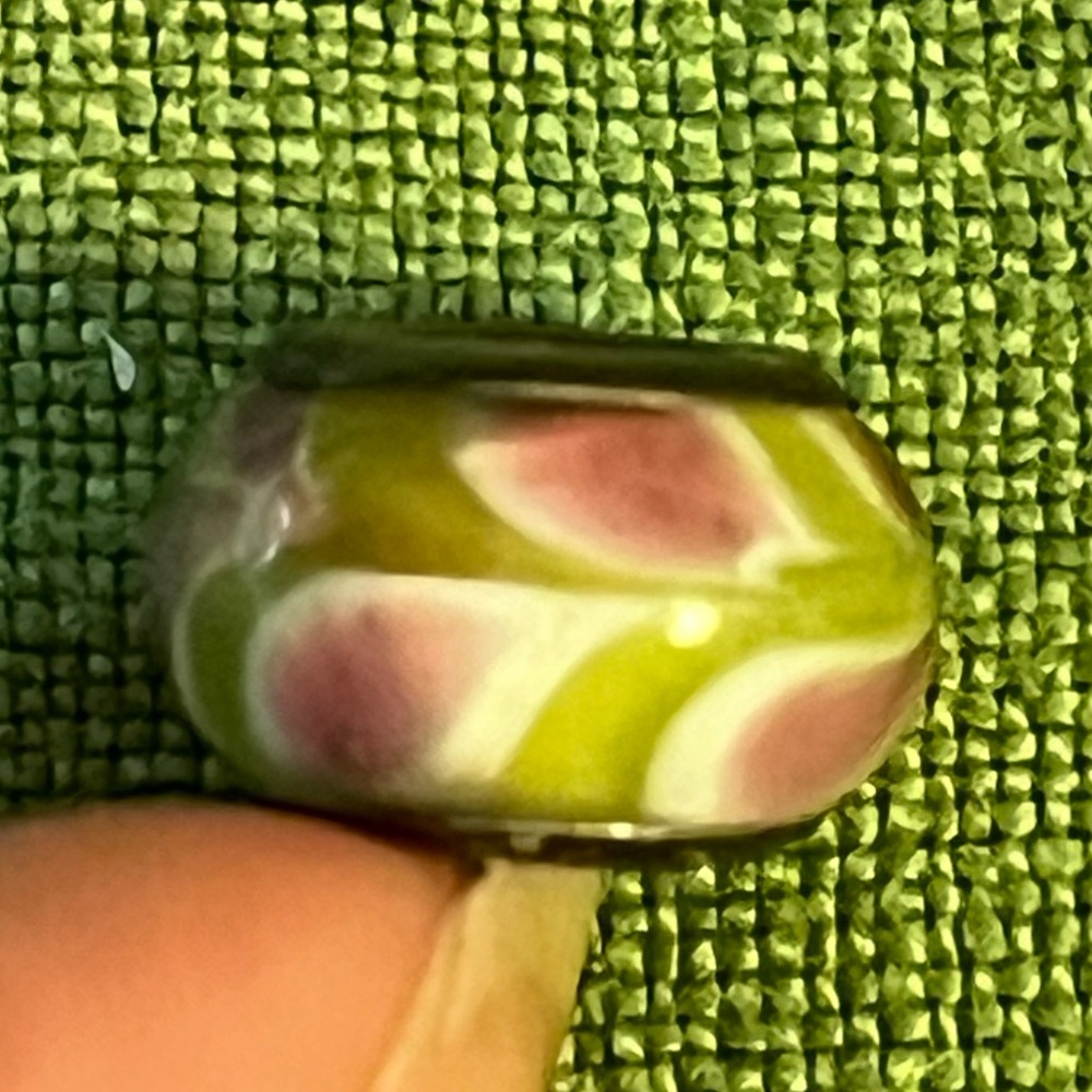 Pandora Murano glass charm, green with a pink and white swirl pattern, 1 of 5